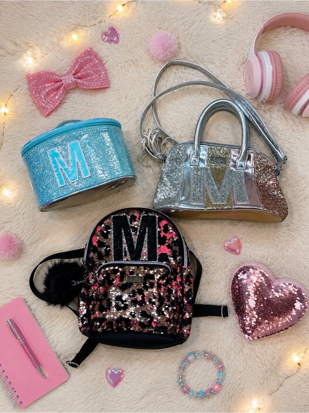 Sparkle Sequin Kids Backpack and Mini Bags Set With M Initial